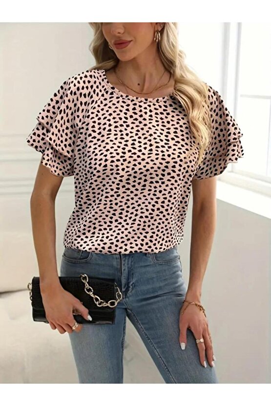 Kadın Kısa Kollu Kolları Volanlı Baskılı Süprem Bluz