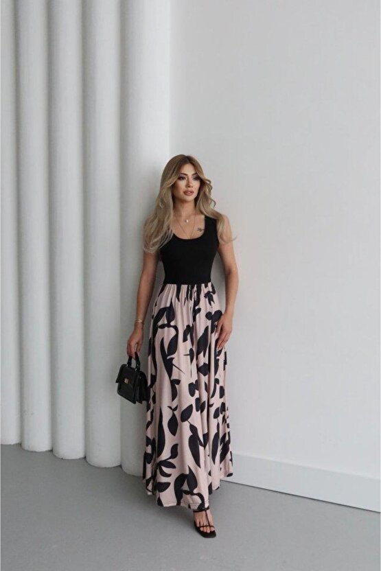 Kadın Askılı Yuvarlak Yaka üst Viskon Alt Desenli Uzun Süprem Elbise