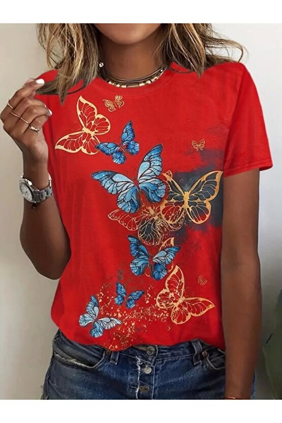 Kadın Kısa Kollu Mavi Sarı Kelebek Baskı Süprem Bluz