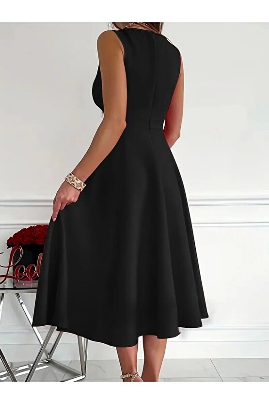 Kadın Ithal Krep Kumaş Kruvaze Yaka Eteği Kloş Kolsuz Mini Elbise