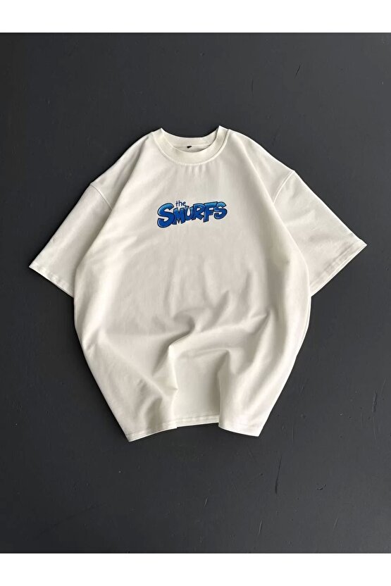 Ön ve Arka Baskılı Oversize Bisiklet Yaka T-shirt- Beyaz