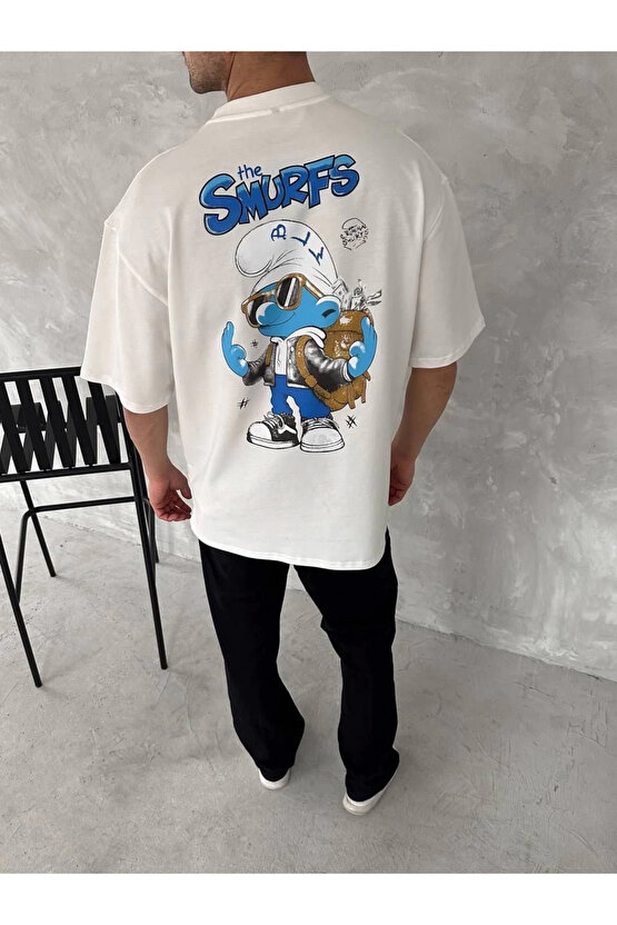 Ön ve Arka Baskılı Oversize Bisiklet Yaka T-shirt- Beyaz