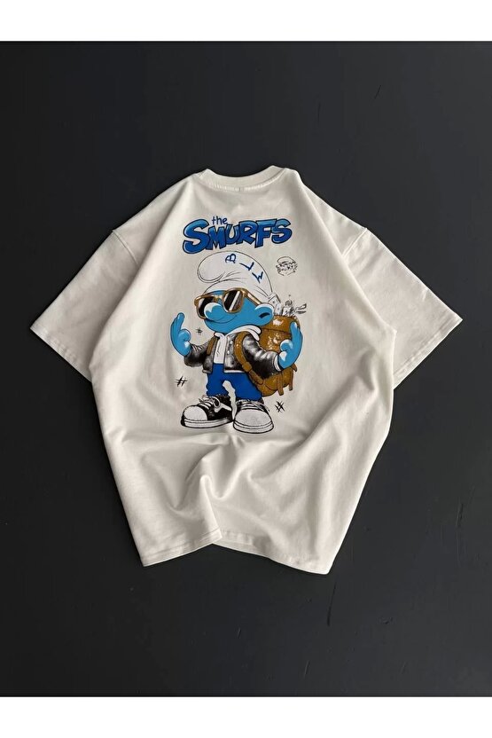 Ön ve Arka Baskılı Oversize Bisiklet Yaka T-shirt- Beyaz