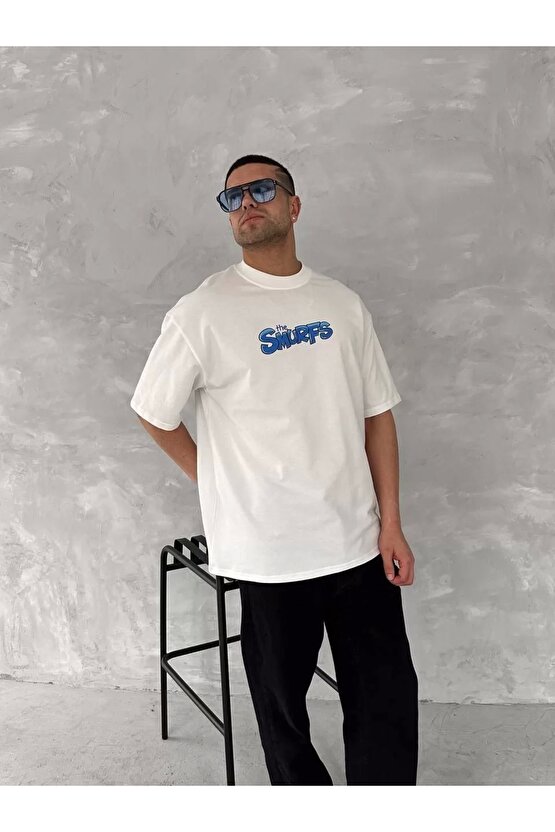 Ön ve Arka Baskılı Oversize Bisiklet Yaka T-shirt- Beyaz