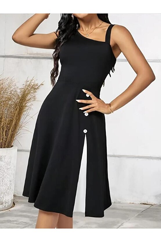 Kadın Tek Omuzu şerit Detaylı Sıfır Kol Yandan Düğme Detaylı Janjan Krep Elbise