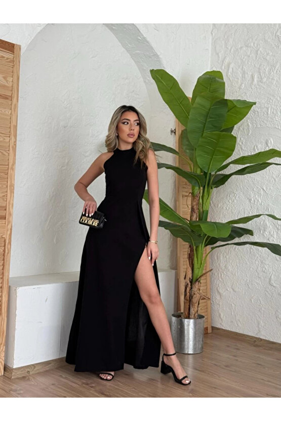 Kadın Halter Yaka Derin Yırtmaç Detaylı Tam Boy Ithal Krep Abiye Elbise