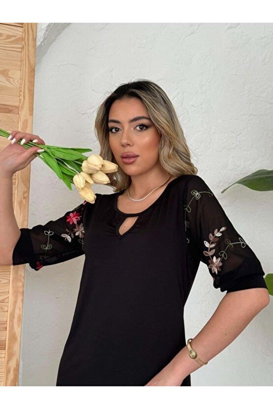 Kadın Truvakar Kol çiçek Desenli Tül Kol Bisiklet Yaka çiçek Desen Sandy Salaş Kısa Elbise