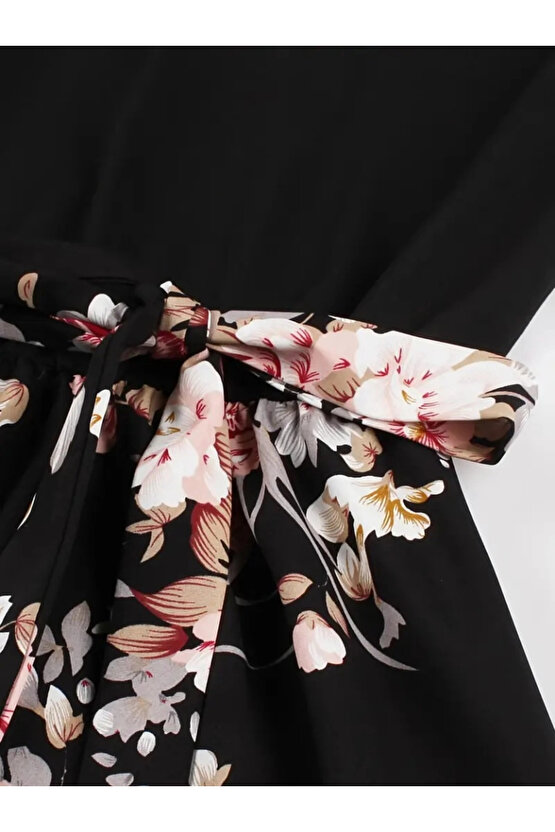 MDB Kadın Kısa Kollu Bisiklet Yaka çiçek Desenli üst Viskon Alt Süprem Kısa Elbise