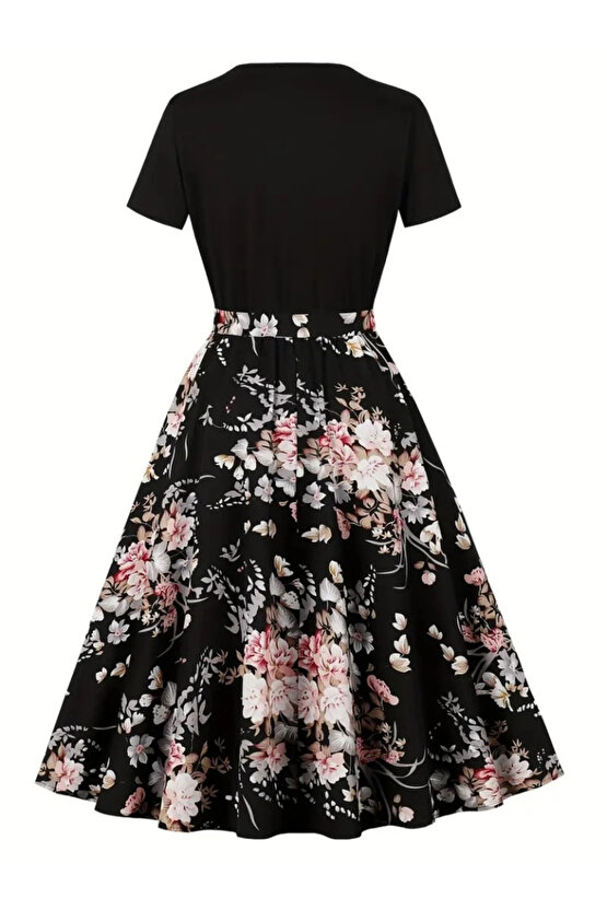 MDB Kadın Kısa Kollu Bisiklet Yaka çiçek Desenli üst Viskon Alt Süprem Kısa Elbise