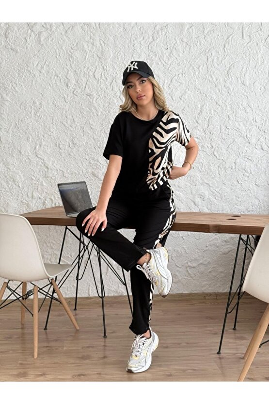 Kadın Bisiklet Yaka Kısa Kol Leopar Desen Bluz Ve Pantolon Ikili Takım