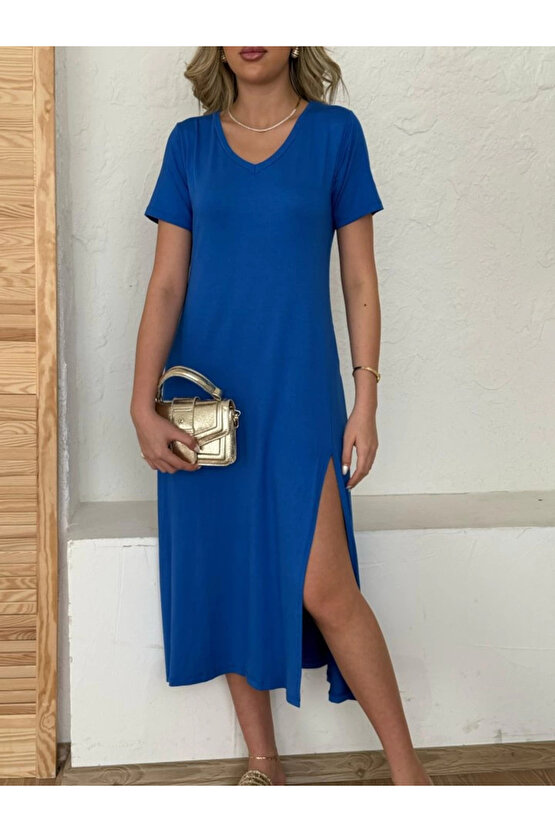Kadın Kısa Kollu V Yaka Maxi Boy Elbise 124 Cm