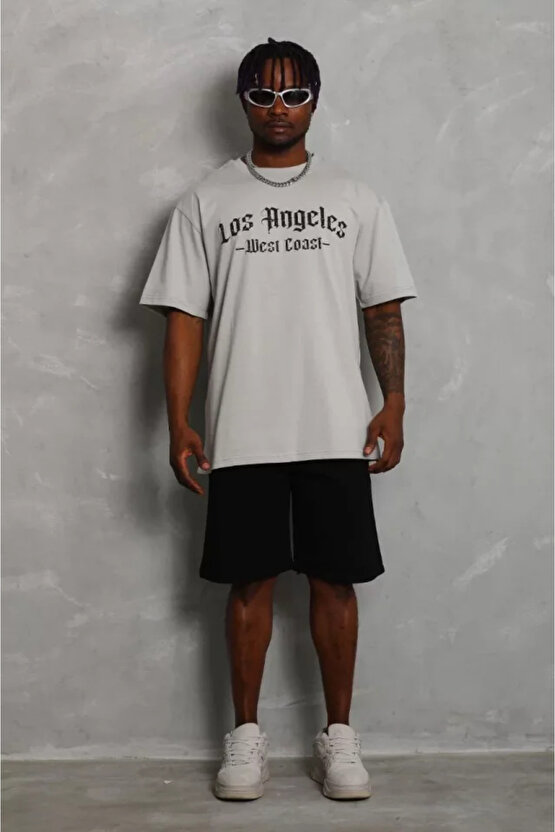 munn collection Unisex Oversize Baskılı Bisiklet Yaka T-Shirt - Gri