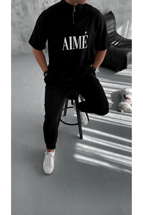 Unisex Yarım Fermuarlı Baskılı T-Shirt - Siyah