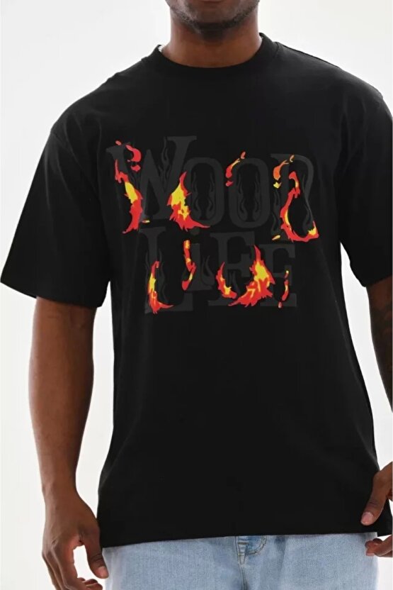 Unisex Baskılı Oversize T-Shirt - Siyah