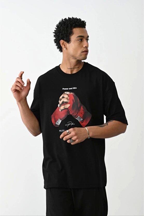 Unisex Baskılı Oversize T-Shirt - Siyah
