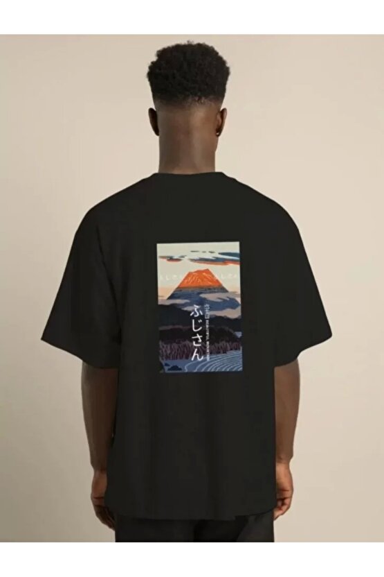 Unisex Bisiklet Yaka Baskılı Oversize T-Shirt - Siyah