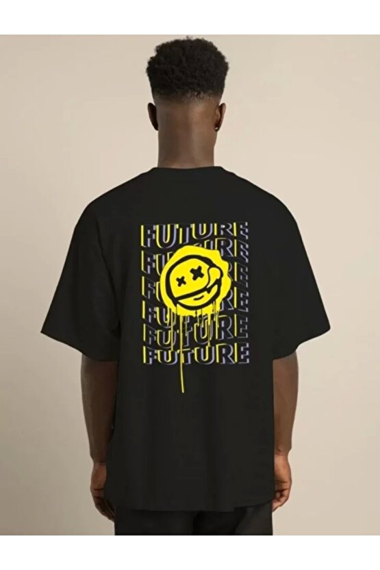 Unisex Bisiklet Yaka Baskılı Oversize T-Shirt - Siyah