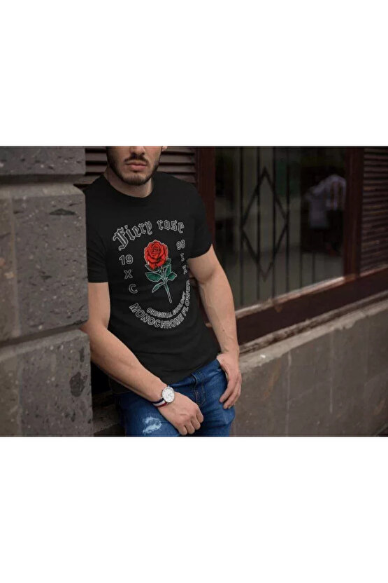 munn collection Erkek Bisiklet Yaka Baskılı Oversize T-Shirt - Siyah