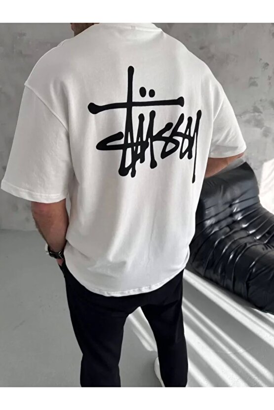 Unisex Bisiklet Yaka Baskılı Oversize T-Shirt - Beyaz