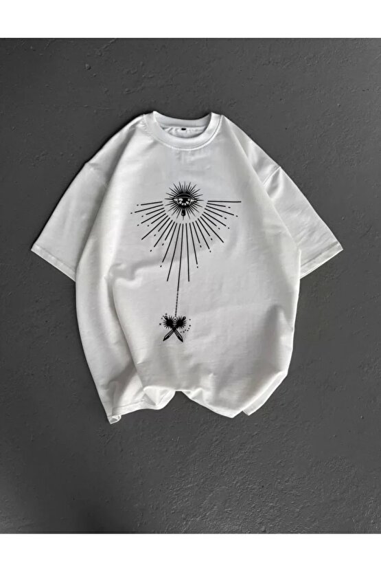 Unisex Bisiklet Yaka Baskılı Oversize T-Shirt - Beyaz