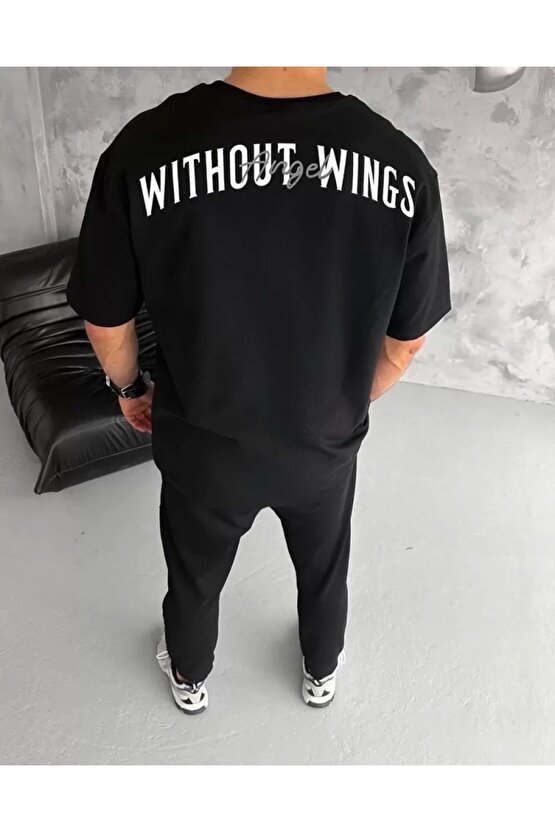 Unisex Bisiklet Yaka Baskılı Oversize T-Shirt - Siyah