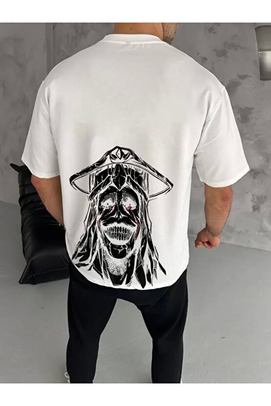 Unisex Bisiklet Yaka Baskılı Oversize T-Shirt - Beyaz