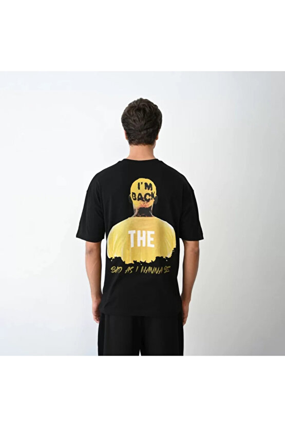 Edolika Unisex Bisiklet Yaka Baskılı Oversize T-Shirt - Siyah