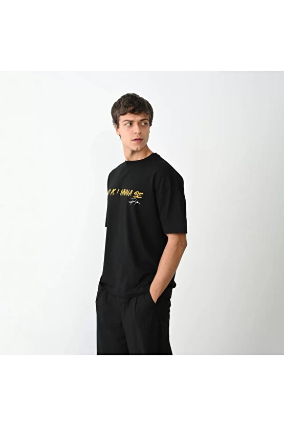 Edolika Unisex Bisiklet Yaka Baskılı Oversize T-Shirt - Siyah