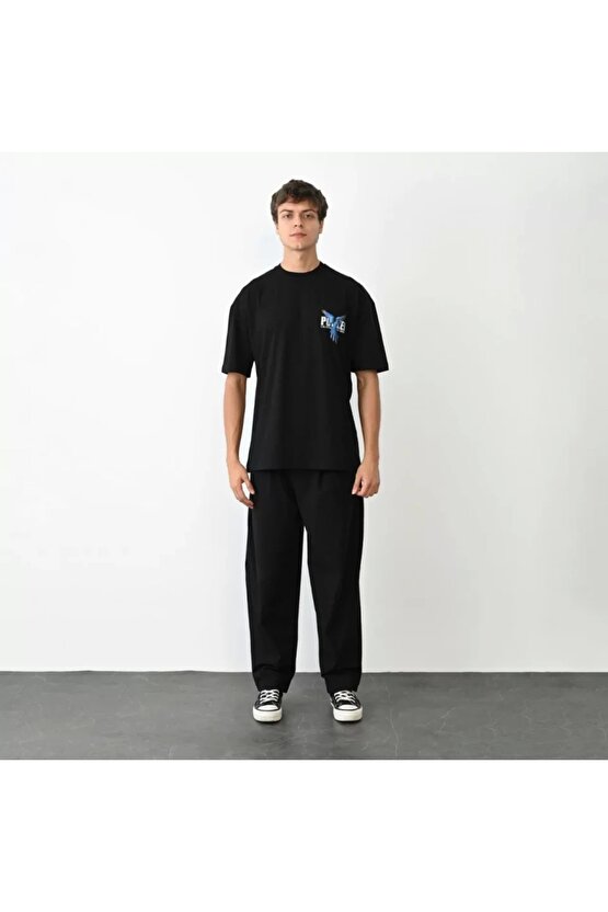 Unisex Bisiklet Yaka Baskılı Oversize T-Shirt - Siyah