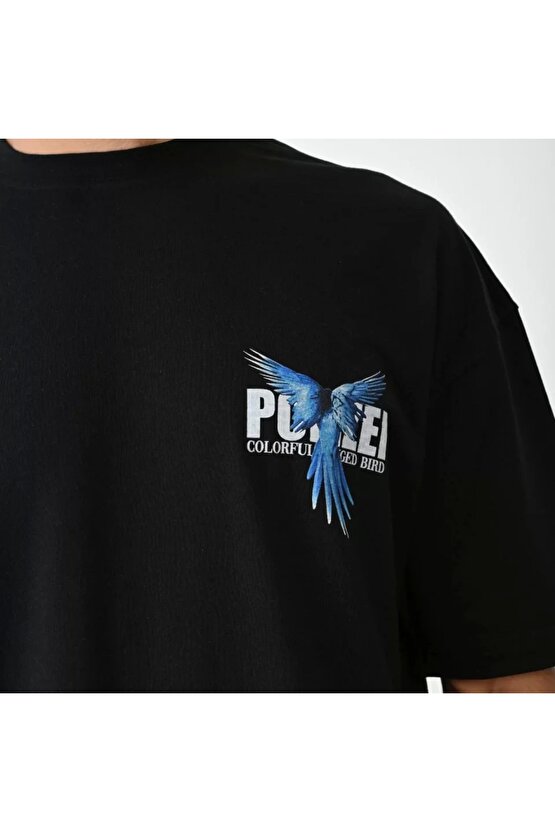 Unisex Bisiklet Yaka Baskılı Oversize T-Shirt - Siyah