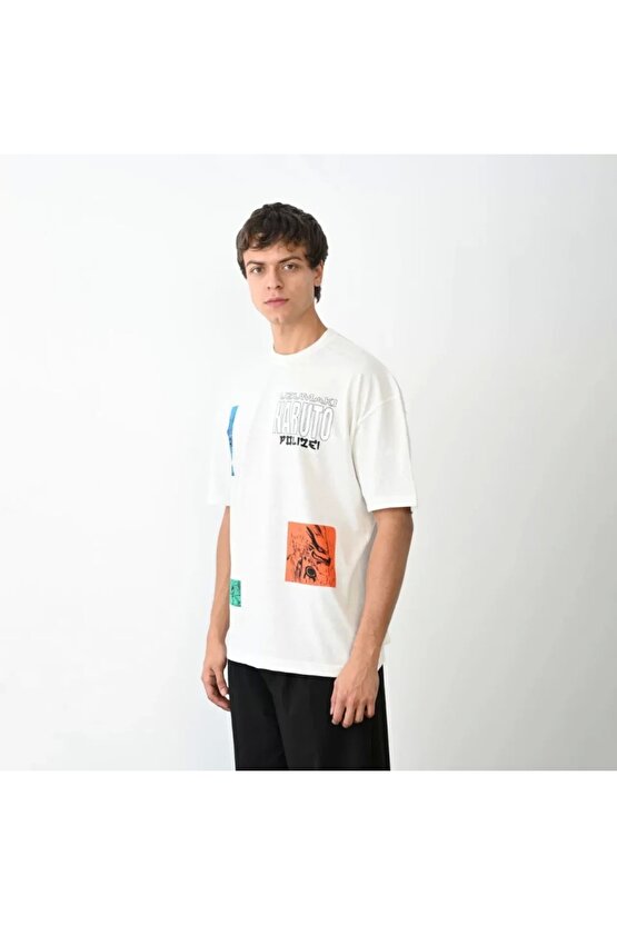 Unisex Bisiklet Yaka Baskılı Oversize T-Shirt - Beyaz