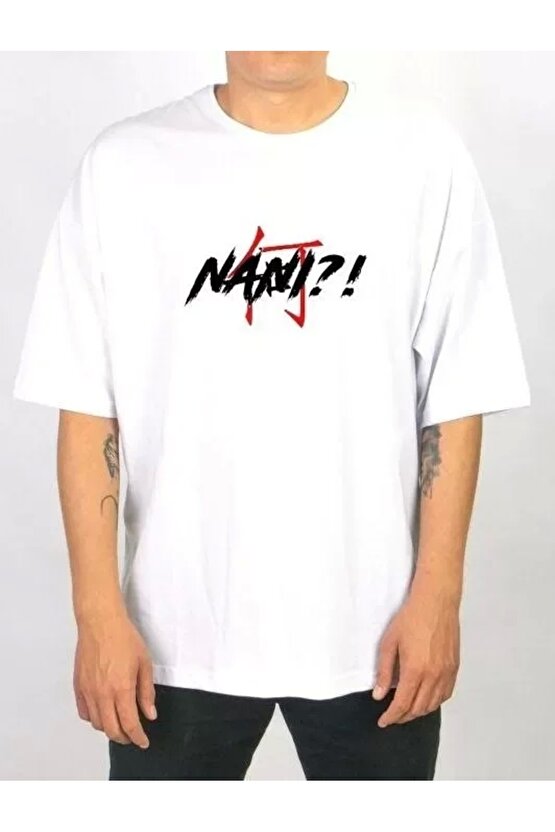 Unisex Bisiklet Yaka Baskılı Oversize T-Shirt - Beyaz