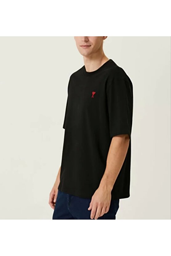 Unisex Bisiklet Yaka Baskılı Oversize T-Shirt - Siyah