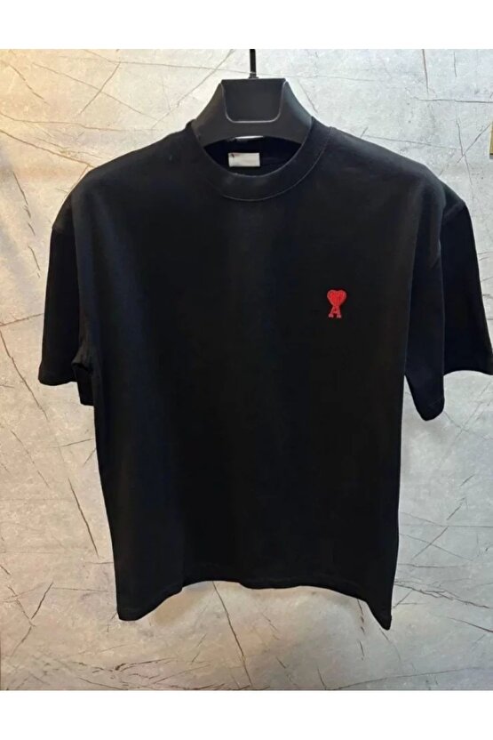 Unisex Bisiklet Yaka Baskılı Oversize T-Shirt - Siyah