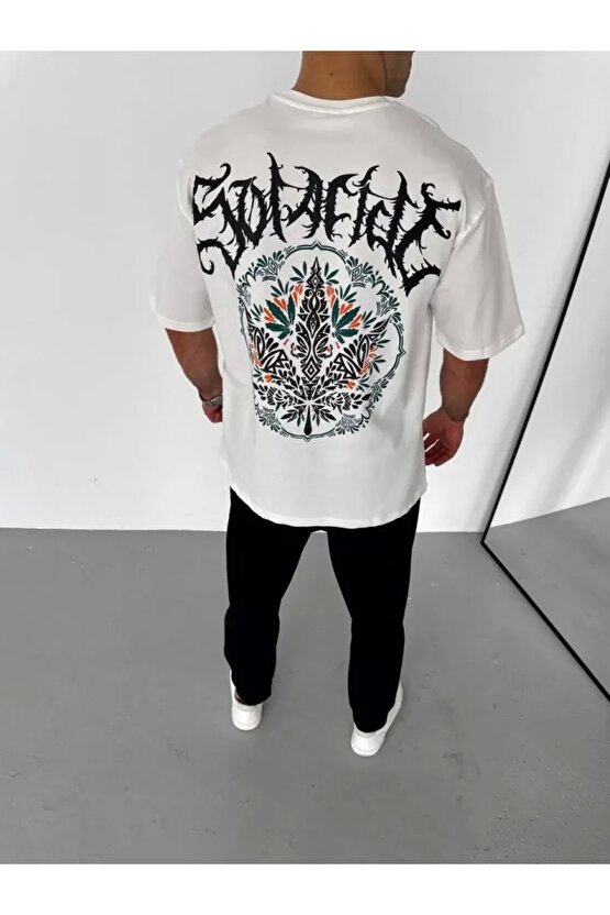 Unisex Bisiklet Yaka Baskılı Oversize T-Shirt - Beyaz