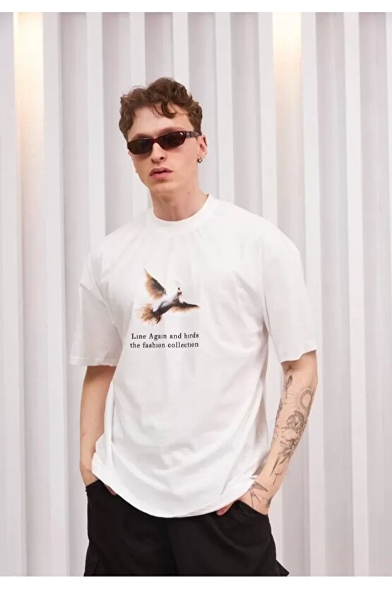 Unisex Bisiklet Yaka Baskılı Oversize T-Shirt - Siyah