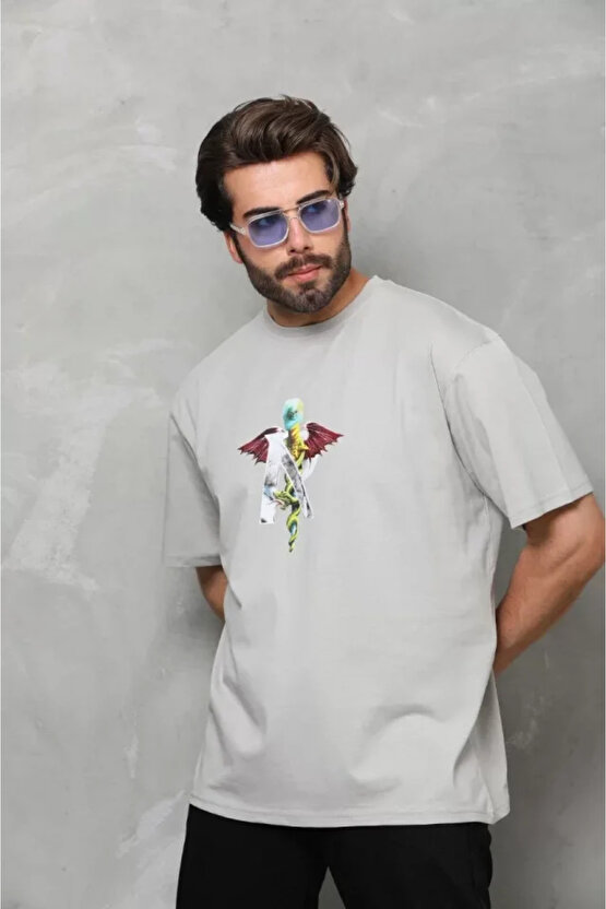 Edolika Unisex Bisiklet Yaka Baskılı Oversize T-Shirt - Gri