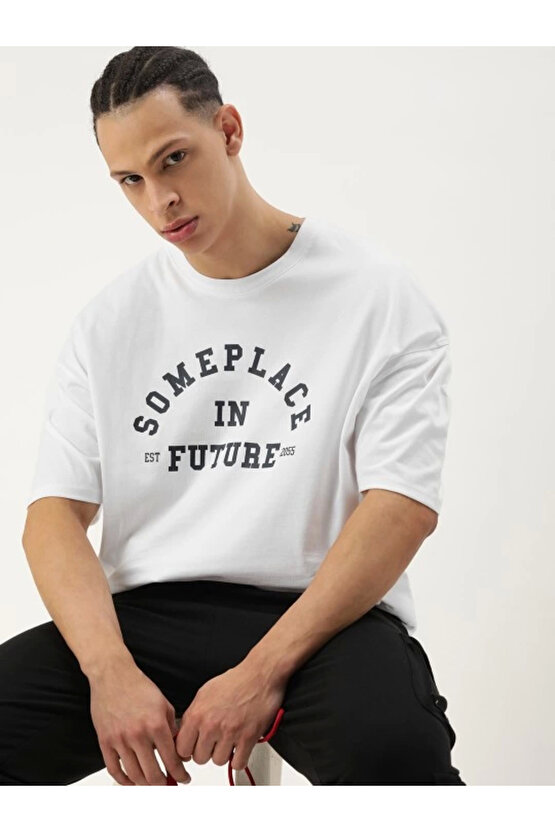 munn collection Erkek Baskılı Oversize T-shirt - Beyaz