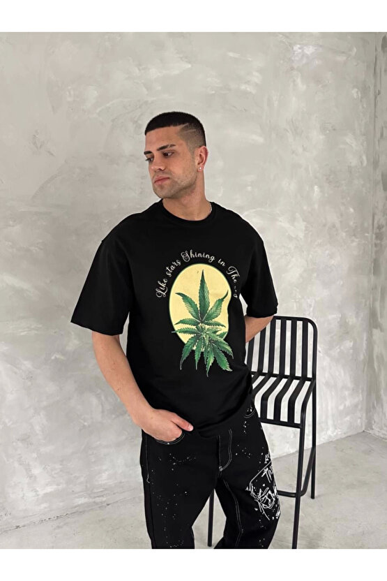 Ön Ve Arka Baskılı Oversize Bisiklet Yaka T-shirt- Siyah