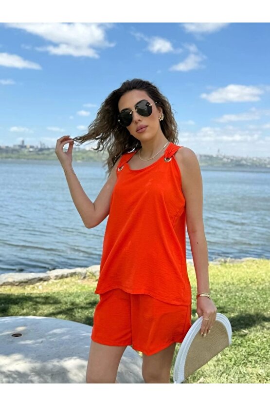 Kadın Kolsuz V Yaka Kuş Gözü Detay Bluz Short Aerobin Ikili Takım