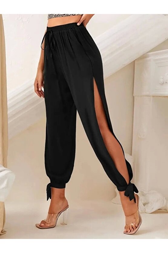 Kadın Beli Lastikli Bağcıklı Yanları Yırtmaç Detaylı Bilekten Bağcıklı Viskon Pantolon