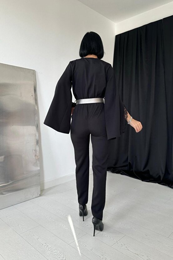 munn collection Siyah Yırtmaçlı Tulum