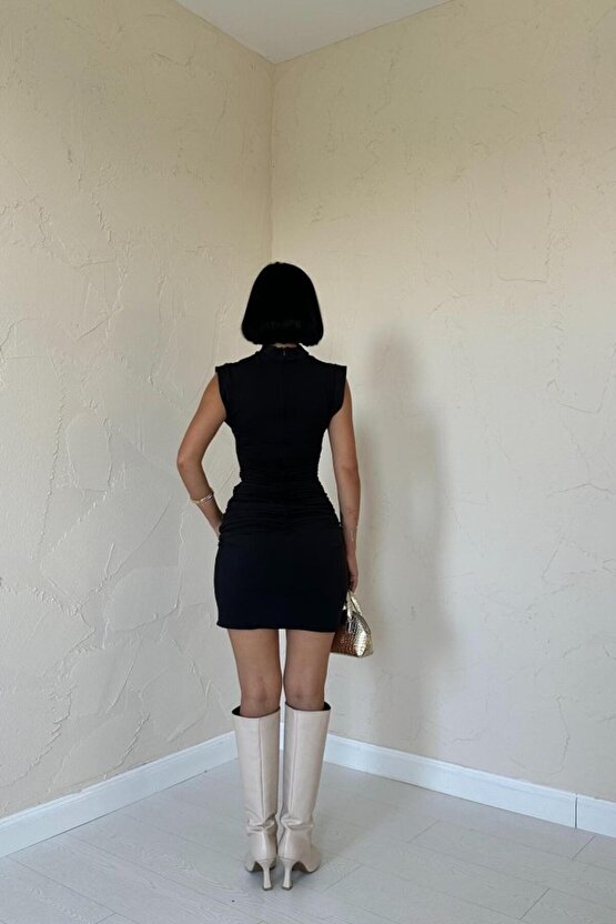 munn collection Siyah Büzgülü Kolsuz Elbise