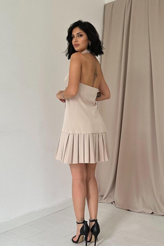 Edolika Bej Sırtı Açık Ceket Yakalı Elbise