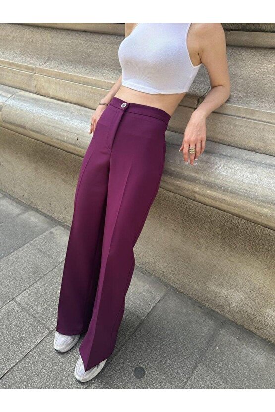 Yüksek Bel Palazzo Metal Düğme  Pantolon