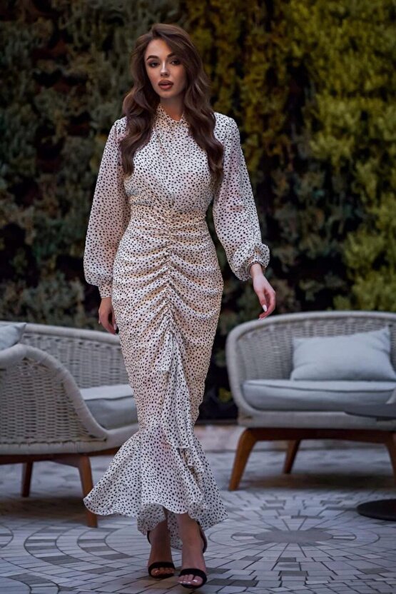 munn collection Bej Balık Şifon Elbise