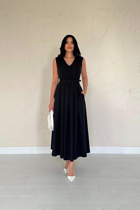 munn collection Siyah Önü Britli Pileli Elbise