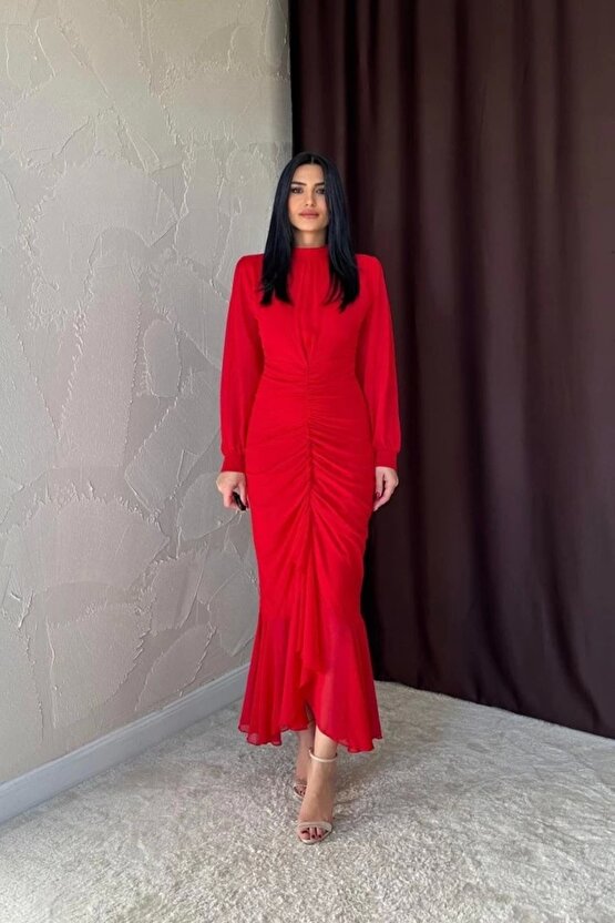 Kırmızı Önü Büzgülü Şifon Elbise