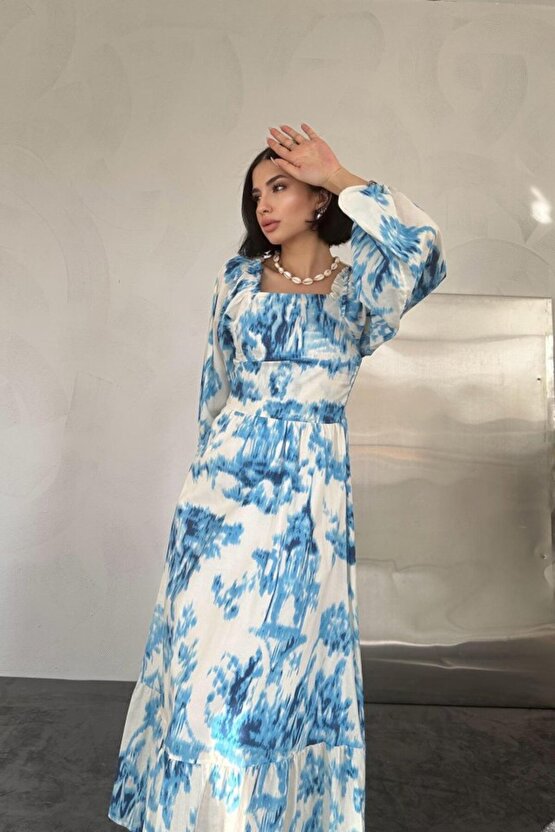 munn collection Mavi Arkası Gipeli Uzun Elbise