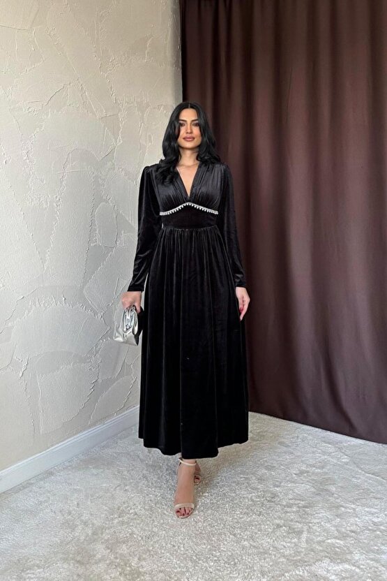 munn collection Siyah Göğüs Altı Taşlı Elbise